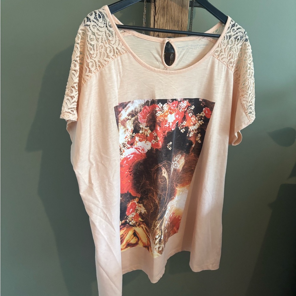 Penningtons Blush Pink Lace Shoulder Graphic Tee